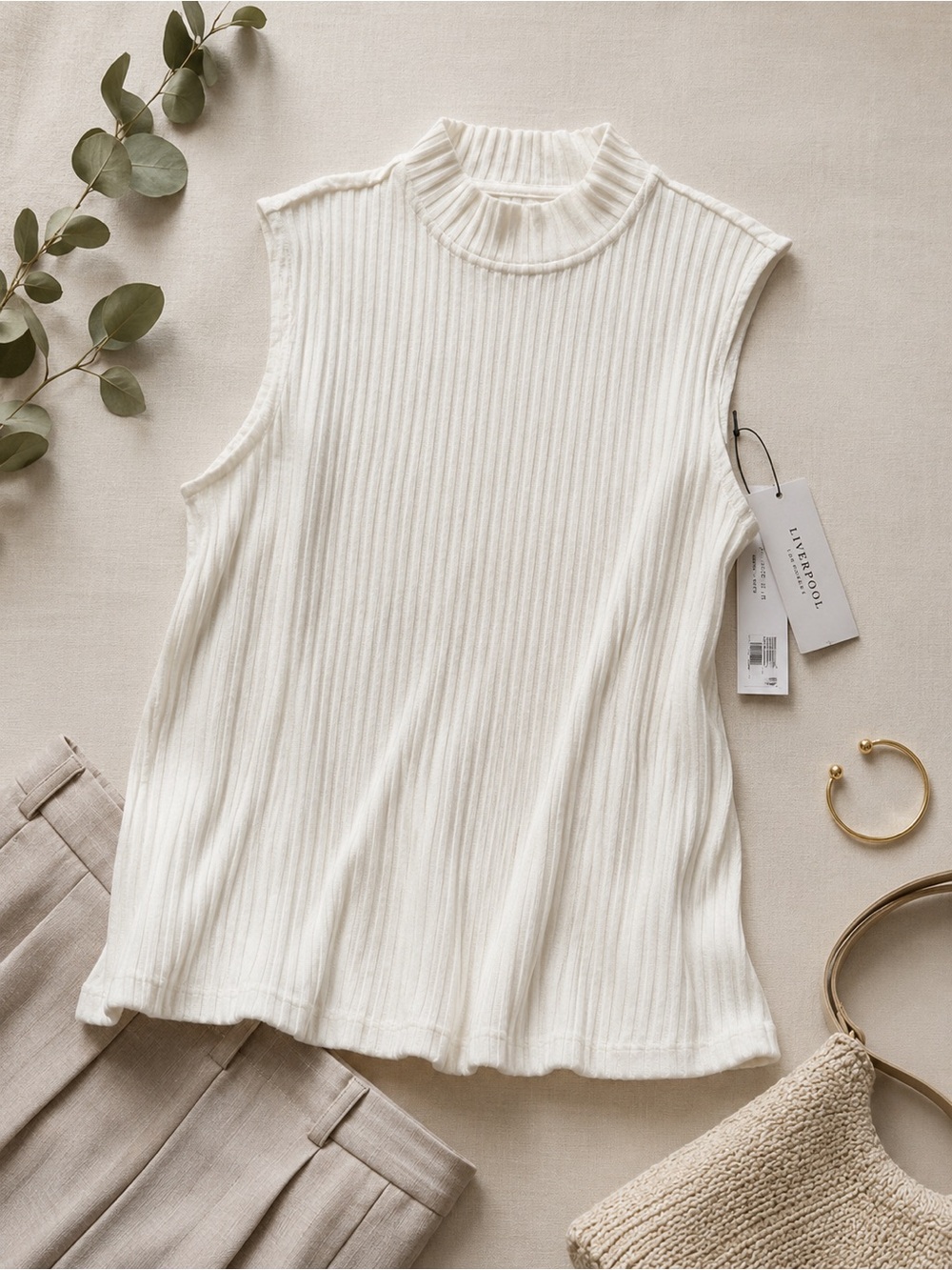 Liverpool Ribbed Mock Neck Sleeveless Top in Cream